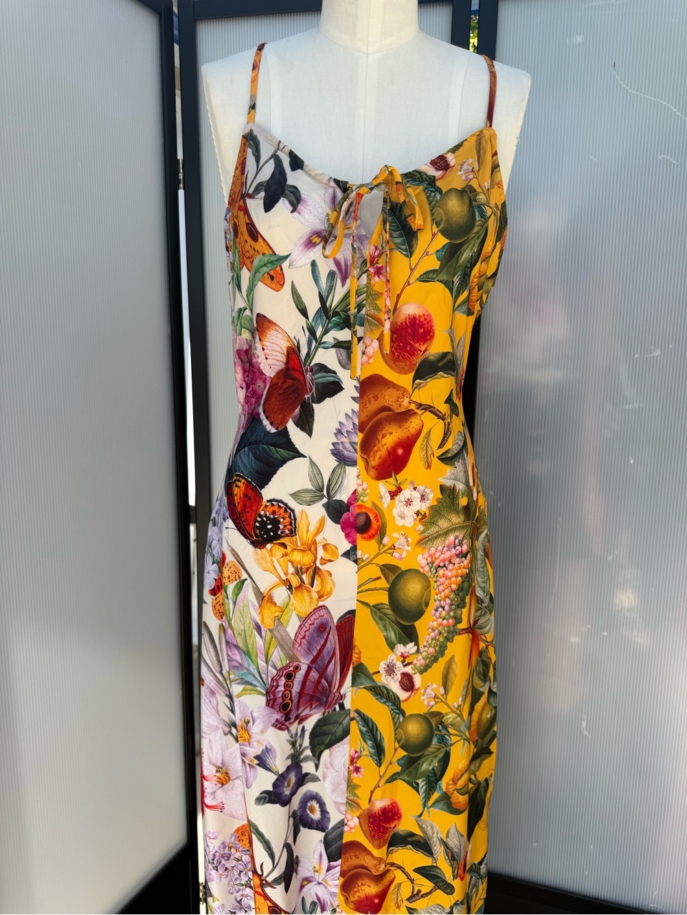 Anthropologie Yellow & Cream Floral Fruit Print Spaghetti Strap Maxi Dress